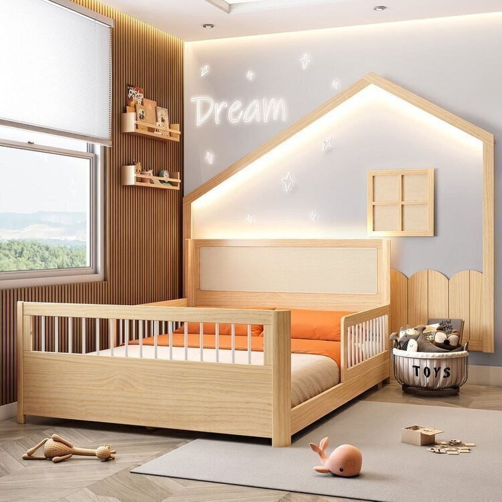 Conjunto Cama Casal Wave Montessoriana em Led ,grade de Proteção e Moldura Dream Decor Led Casatema Branco/ Natural