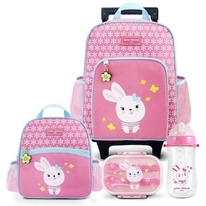 Conjunto De Mochila De Rodinha, Lancheira Térmica, Pote E Garrafa Pimpolhos Rosa
