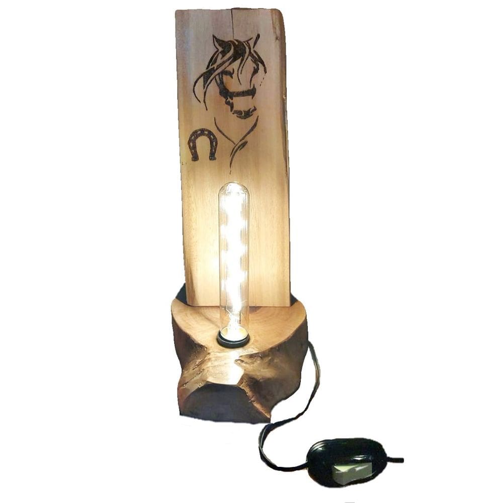 Luminária Rústica de Mesa Com Imagem Em Pirografia Alt:35cm
