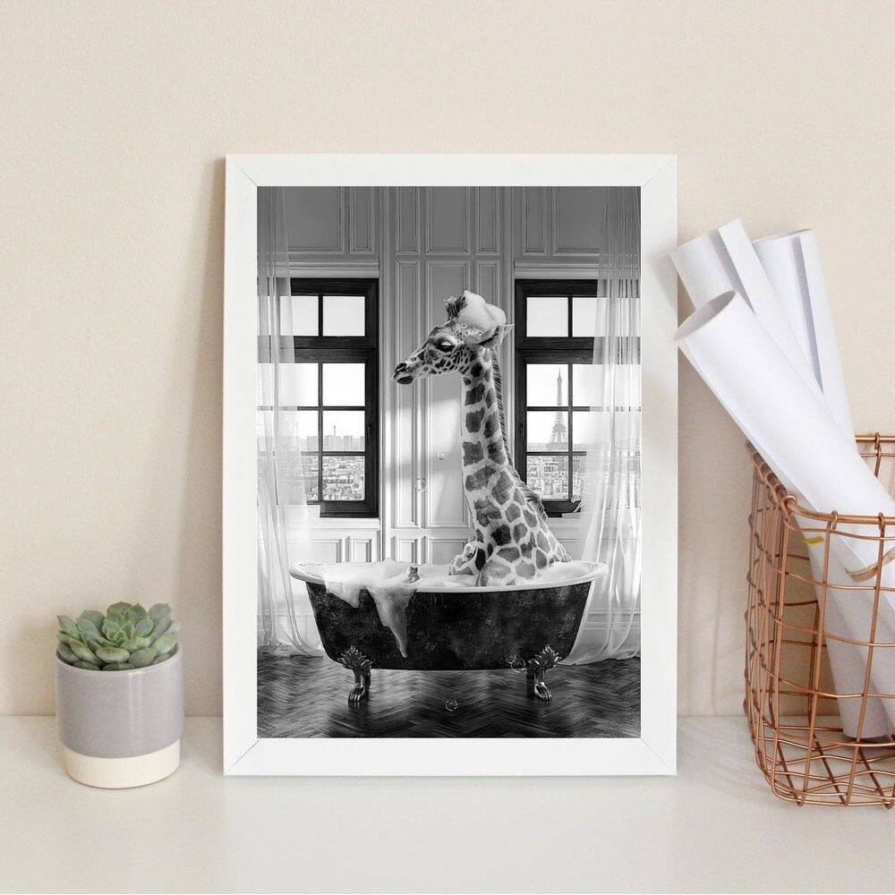 Quadro Banheiro Girafa Tomando Banho 33X24Cm