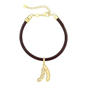 Pulseira De Couro Natural Com Charm Soja 4 Pérolas