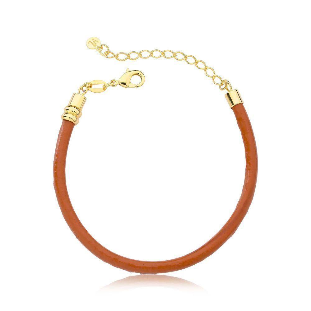 Pulseira De Couro Natural Caramelo Revestida Em Ouro