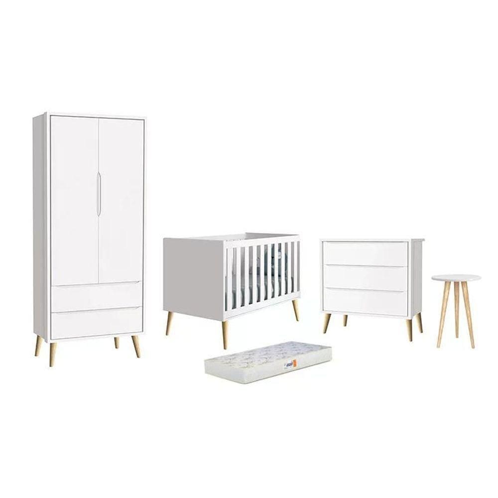 Dormitório Theo 2 Portas, Mesa De Canto Branco Com Pés Madeira Natural E Colchão D18 Reller Móveis Branco