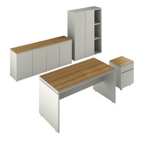 Conjunto De Escritório Office 4 Peças Mesa Gaveteiro Balcão Armário Oslo Fendi E Freijó