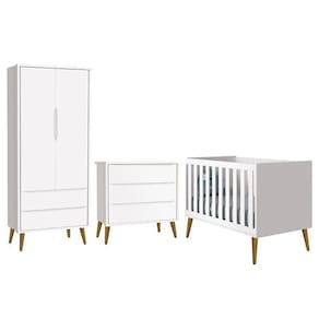 Dormitório Infantil Theo Retrô 2 Portas Cômoda E Berço Branco Fosco Com Pés Amadeirado Reller Móveis Branco Fosco