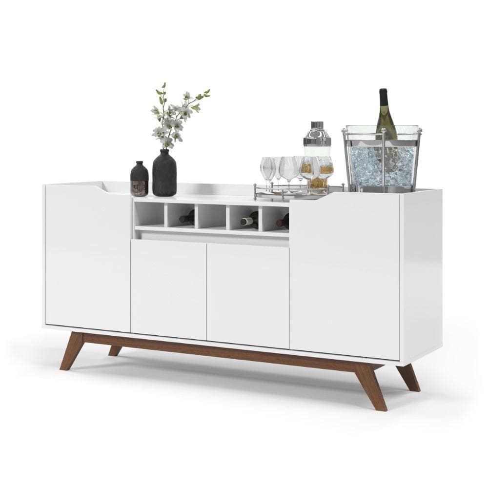 Buffet Aparador 4 Portas Com Adega Pés Em Madeira Maciça Luxo 152cm Branco