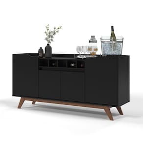 Buffet Aparador 4 Portas Com Adega Pés Em Madeira Maciça Luxo 152cm Preto