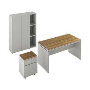 Conjunto De Escritório Office 3 Peças Mesa Gaveteiro Armário Oslo Fendi E Freijó