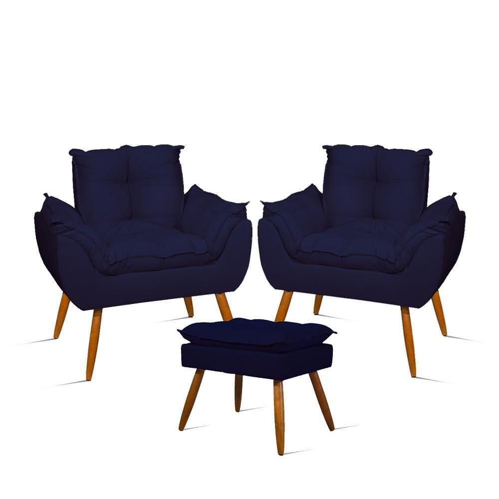 Kit 02 Poltronas Decorativas + 01 Puff Para Apoio Dos Pés Cor:azul Marinho Azul Marinho