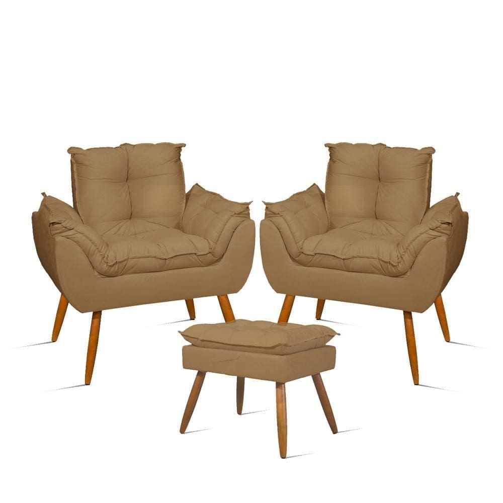 Kit Luxo 02 Poltronas Amamentação Suede + 1 Puff Pés Palito Cor:capuccino Capuccino