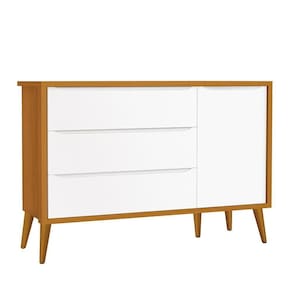 Cômoda Infantil 1 Porta E 3 Gavetas Theo Retrô Branco Savana Com Pés Amadeirado Reller Móveis Branco Savana