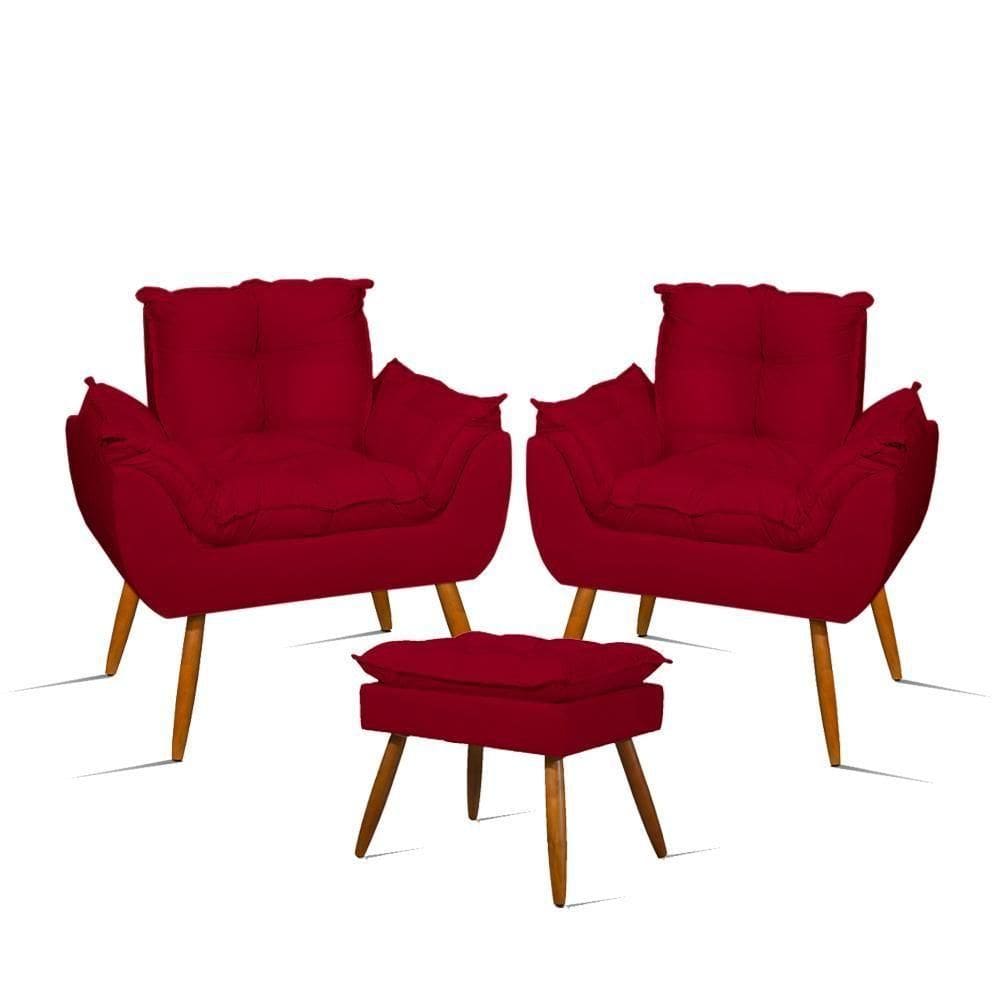 Kit 02 Poltronas Decorativas + 01 Puff Para Apoio Dos Pés Cor:vermelho Vermelho