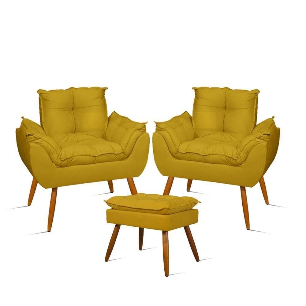 Kit Luxo 02 Poltronas Amamentação Suede + 1 Puff Pés Palito Cor:amarelo Amarelo
