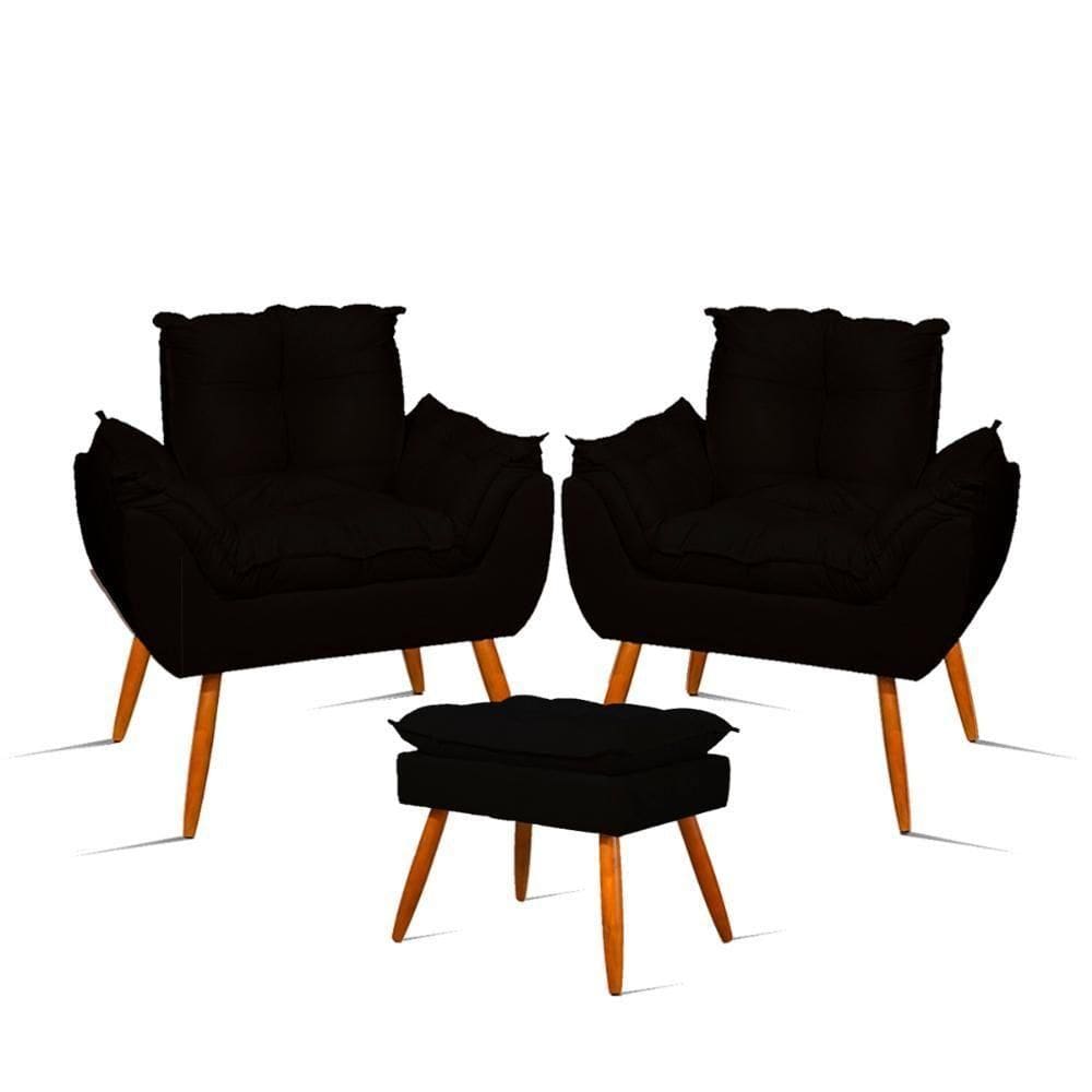 Kit 02 Poltronas Decorativas + 01 Puff Para Apoio Dos Pés Cor:preto Preto
