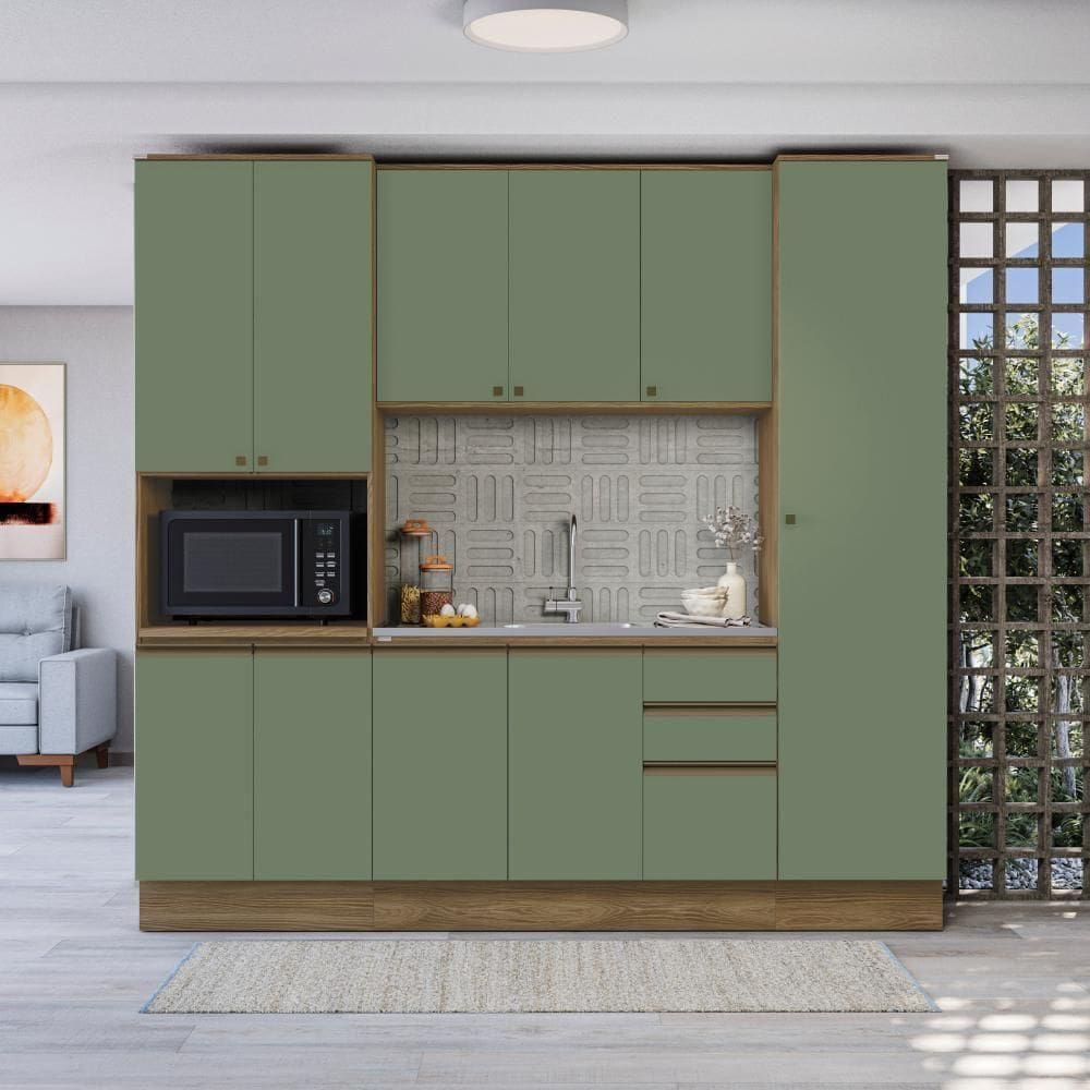 Cozinha Compacta Com Kit Forno Celeste Kappesberg 100% MDF Nogueira/Verde 240cm