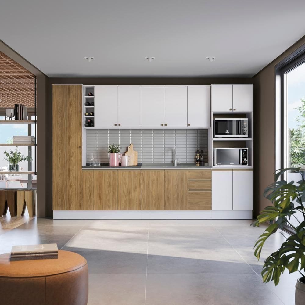 Cozinha Modulada Celeste Kappesberg 100% MDF Branco/Nogueira 9 Peças