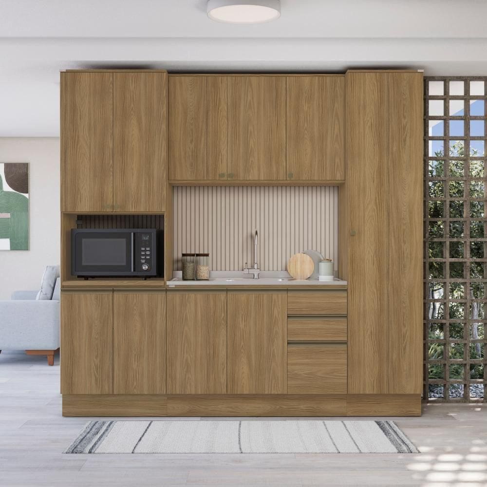 Cozinha Compacta Com Kit Forno Celeste Kappesberg 100% MDF Nogueira 240cm