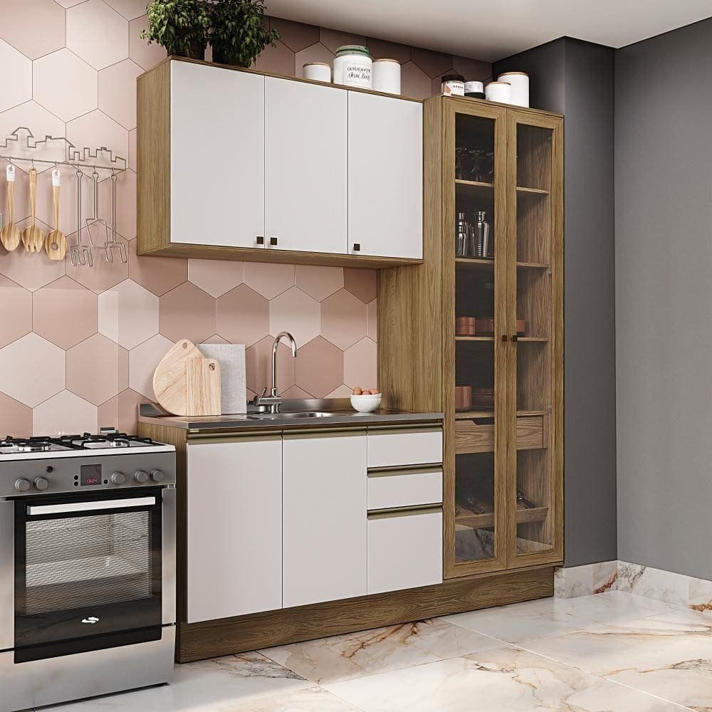 Cozinha Compacta Celeste Kappesberg 100% Mdf Nogueira/Branco 192cm