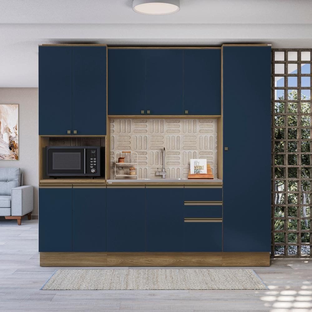 Cozinha Compacta Com Kit Forno Celeste Kappesberg 100% Mdf Nogueira/Azul 240cm