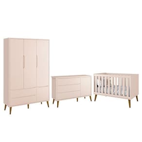 Dormitório Infantil Theo Retrô 3 Portas Cômoda 1 Porta E Berço Rosa Fosco Com Pés Amadeirado Reller Móveis Rosa Fosco