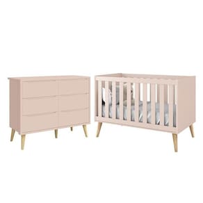 Jogo De Quarto Infantil Theo Cômoda 6 Gavetas E Berço Rosa Fosco Com Pés Madeira Natural Reller Móveis Rosa Fosco