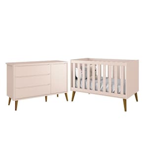Jogo De Quarto Infantil Theo Retrô Cômoda 1 Porta E Berço Rosa Fosco Com Pés Amadeirado Reller Móveis Rosa Fosco