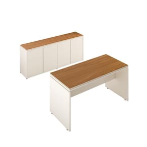 Conjunto De Escritório Office 2 Peças Mesa E Balcão Buffet Oslo Off White E Cedro