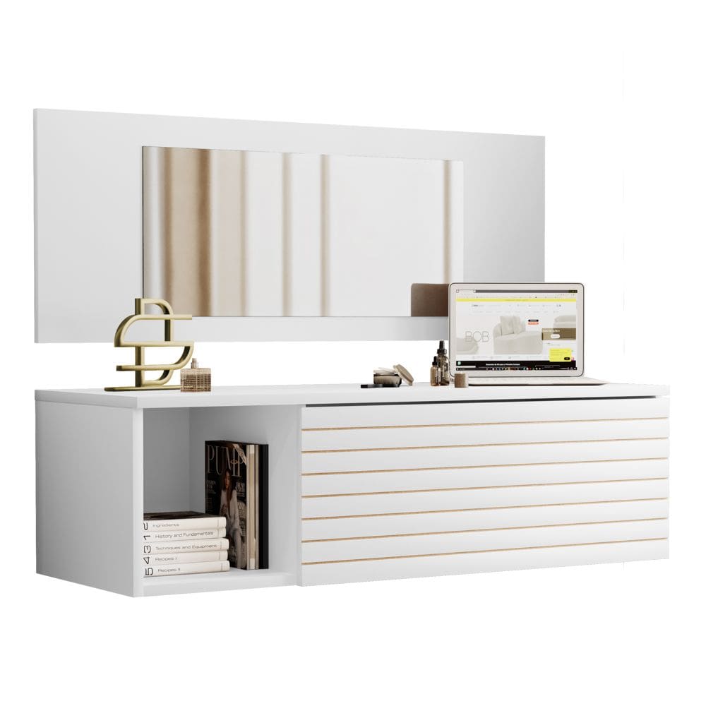 Penteadeira Para Maquiagem Jolly com Bancada Suspensa 01 Gaveta e Espelho Branco - Desk Design