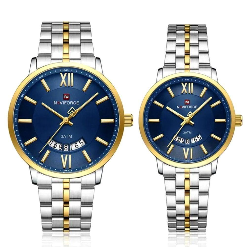 Relogio De Pulso Conjunto Casal Em Aço Inoxidável De Quartzo Design Casual Impermeavel 3atm Azul Dourado