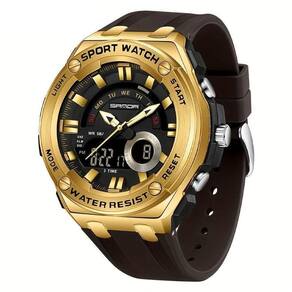 Relógio De Pulso Masculino à Prova D`água 50m Esportivo Multifuncional Com Pulseira De Silicone Marrom Dourado