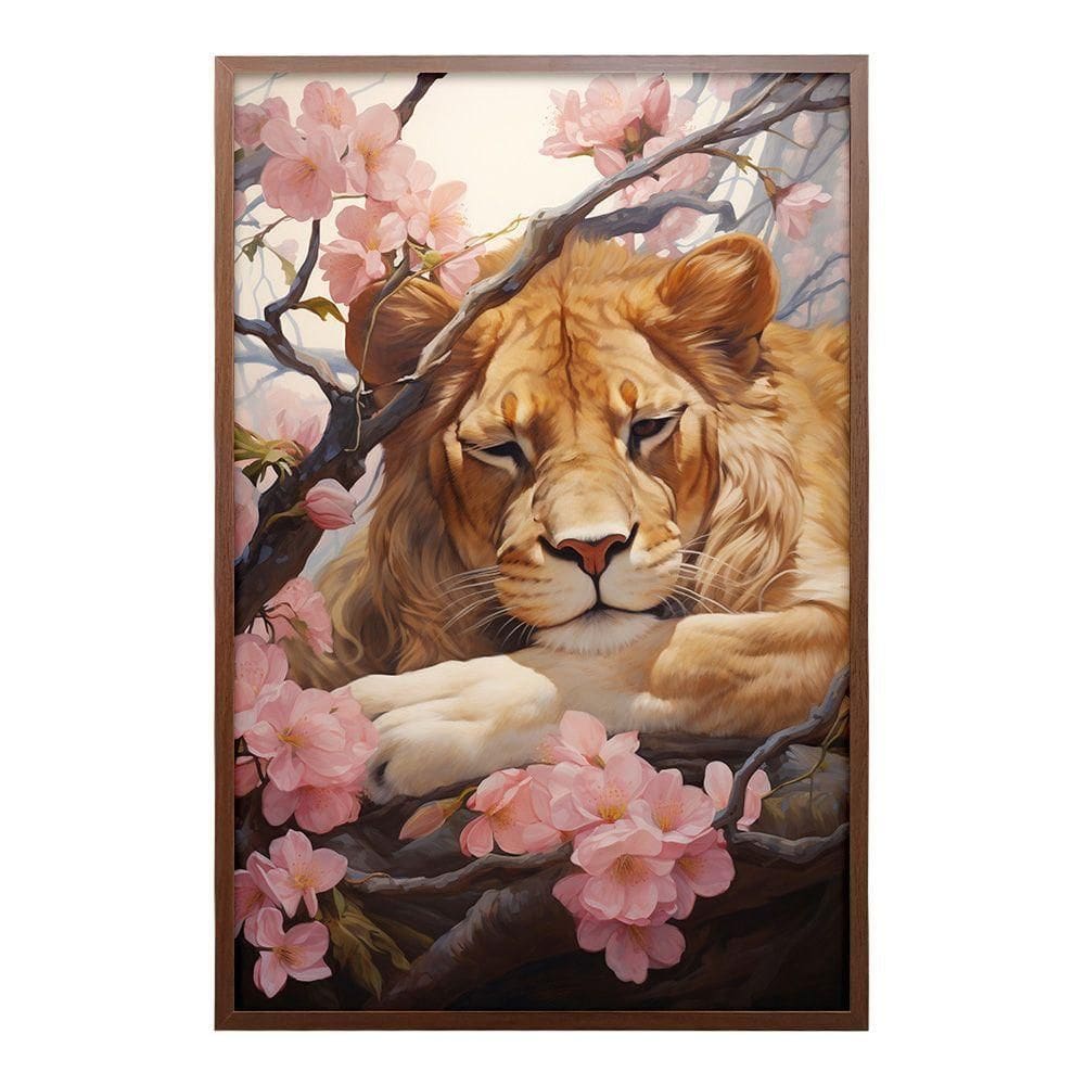 Quadro Decorativo Leão Flor Cerejeira Moldura Cx Alta 100x66 Titulo Moldura Madeira