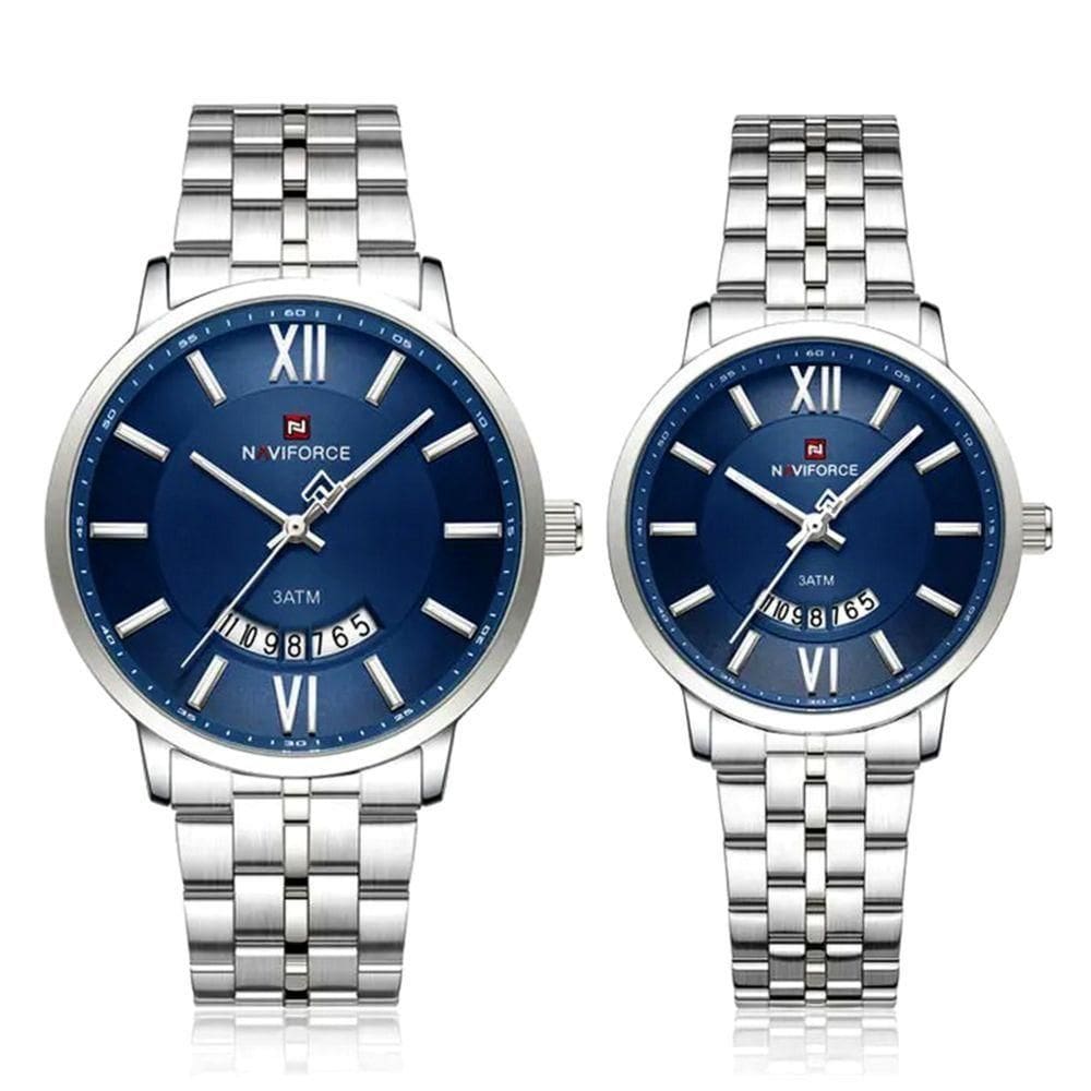 Relogio De Pulso Conjunto Casal Em Aço Inoxidável De Quartzo Design Casual Impermeavel 3atm Azul