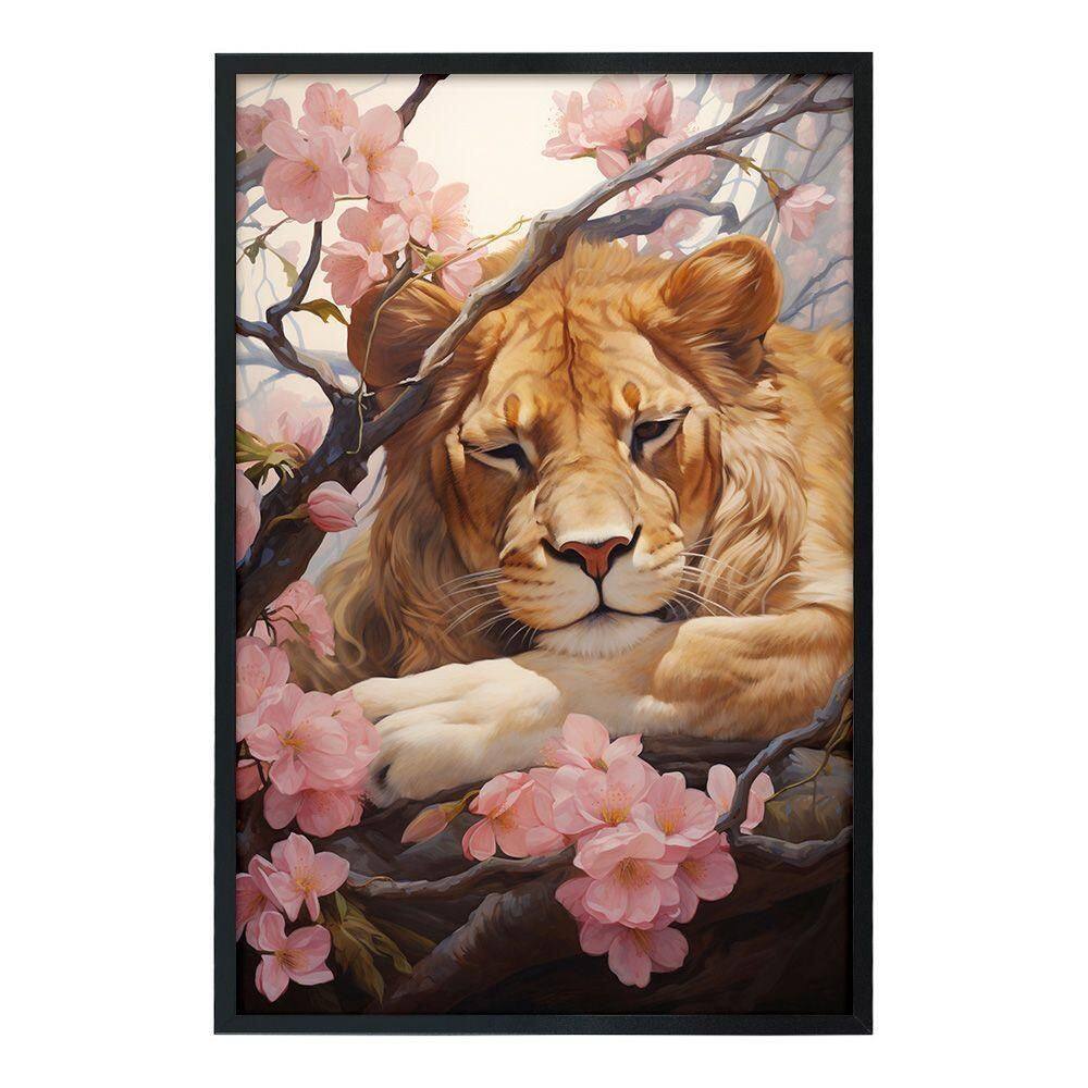 Quadro Decorativo Leão Flor Cerejeira Moldura Cx Alta 100x66 Titulo Moldura Preta