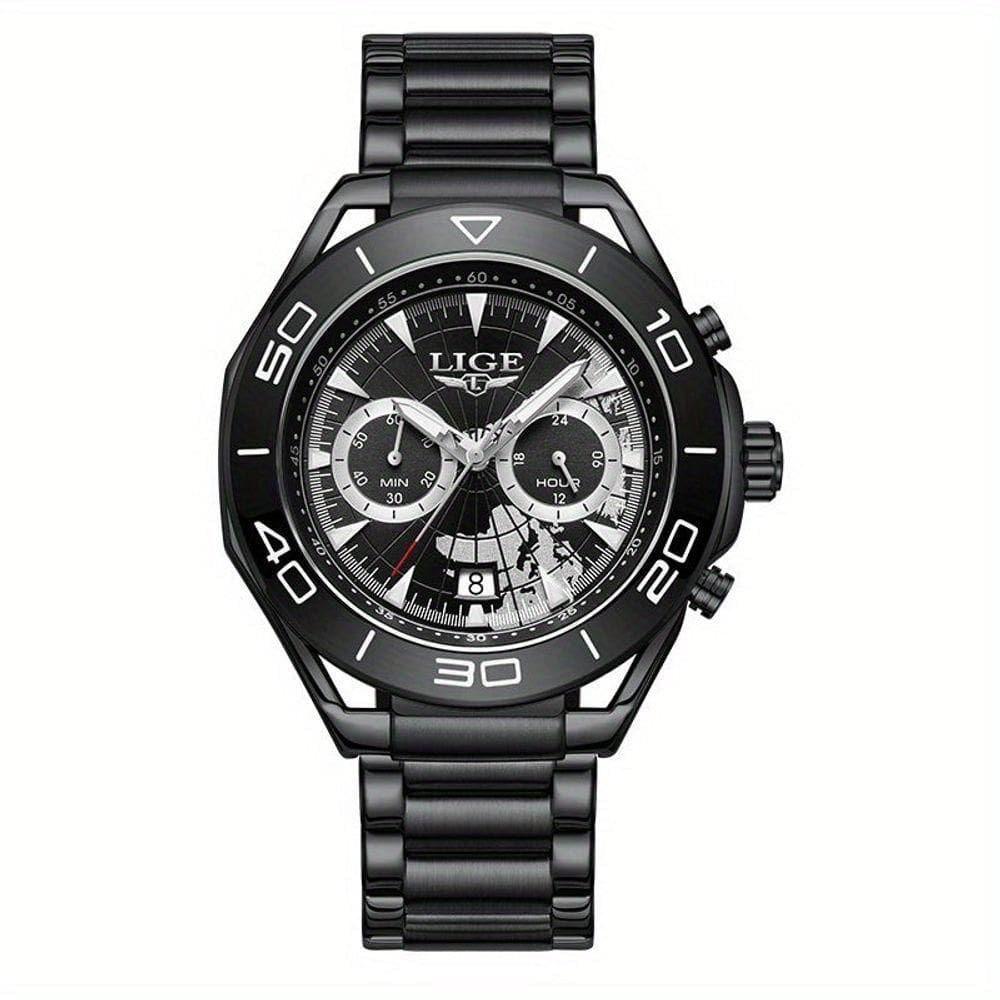 Relógio De Quartzo Para Homens Multifuncional Estilo Casual Com Pulseira De Aço Inoxidável Preto