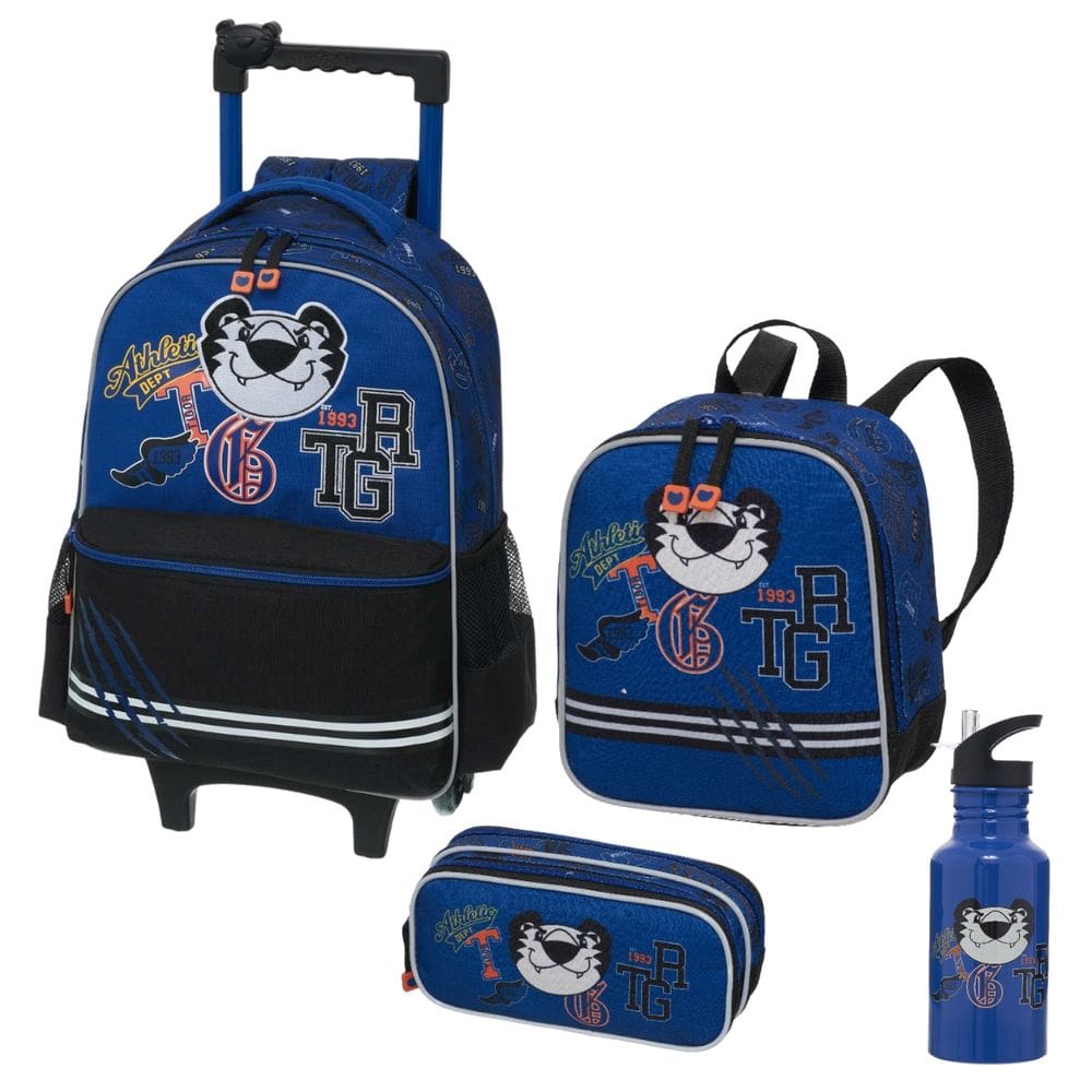 Kit Escolar Tigor T. Tigre Menino Mochila Rodinha Lancheira Térmica Estojo Duplo Garrafinha Alumínio Azul