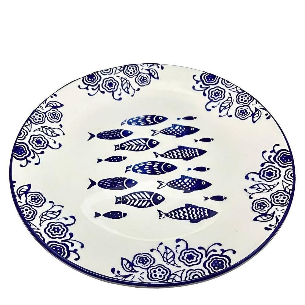 Jogo Prato Raso Jantar 4 Pessoas 4pçs Peixe Praia Mar 26cm