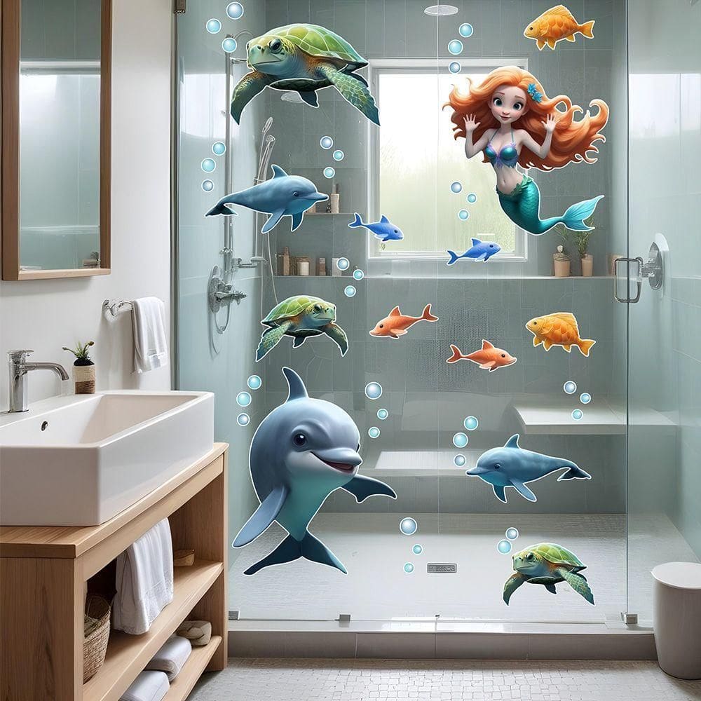 Adesivo Box De Banheiro Infantil Sereia Golfinhos Tartarugas