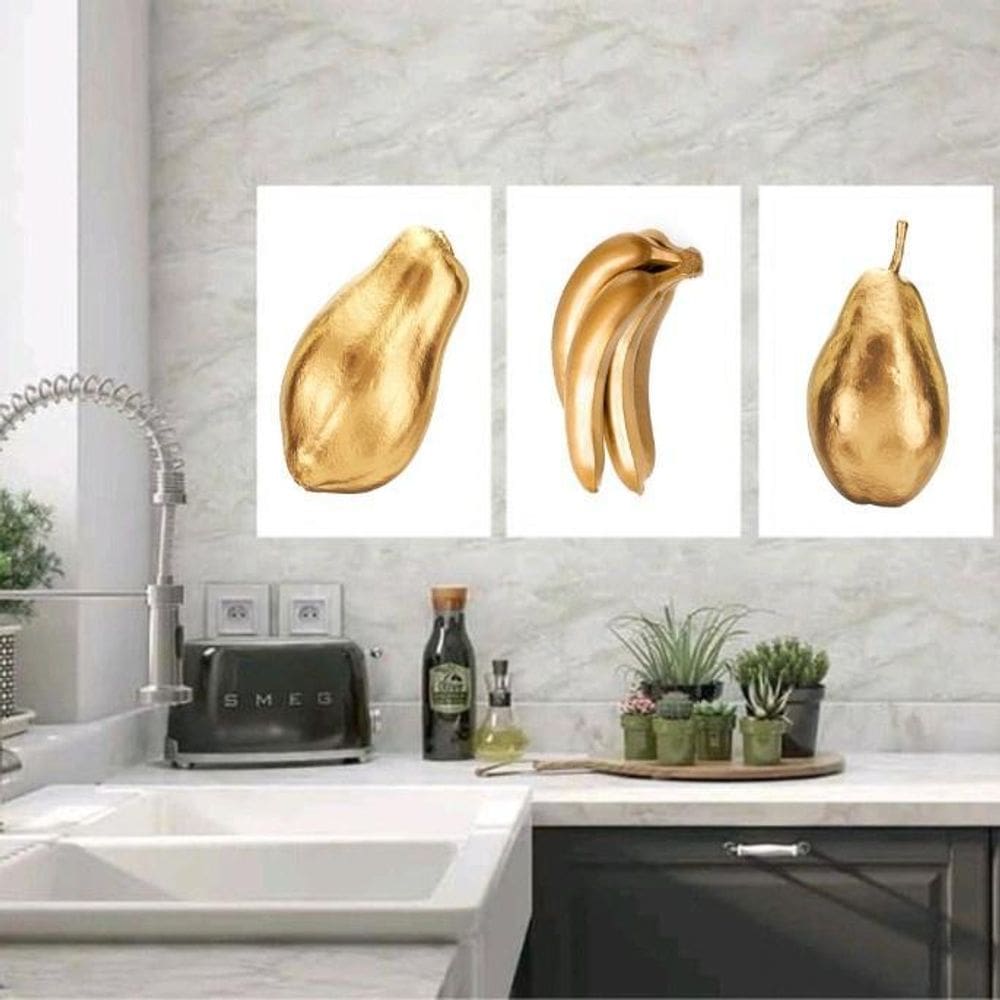 Kit 3 Quadros Cozinha Frutas Douradas 33X24Cm - Com Vidro