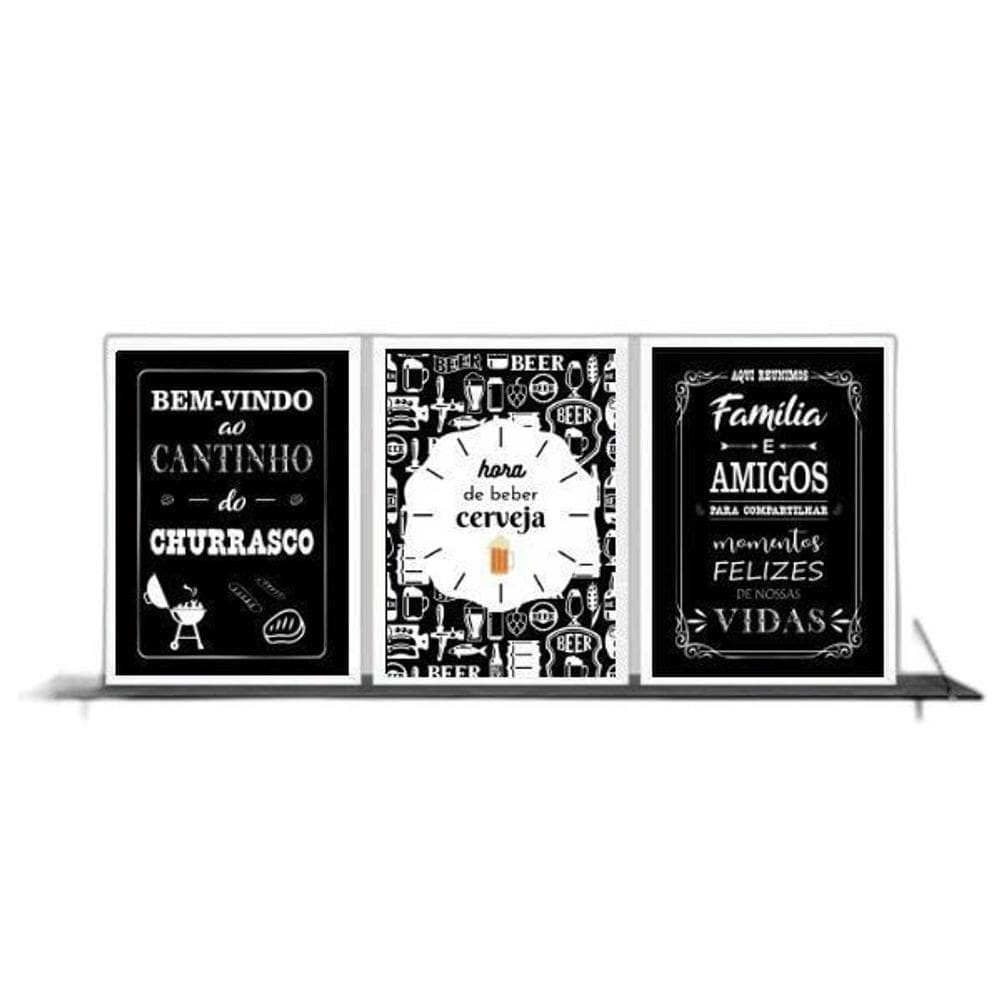 Kit 3 Quadros Hora De Beber Cerveja 45X34Cm - Madeira Branca