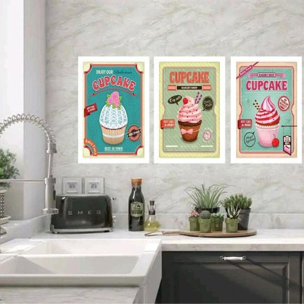 Kit 3 Quadros Cozinha - Cupcakes 33X24Cm