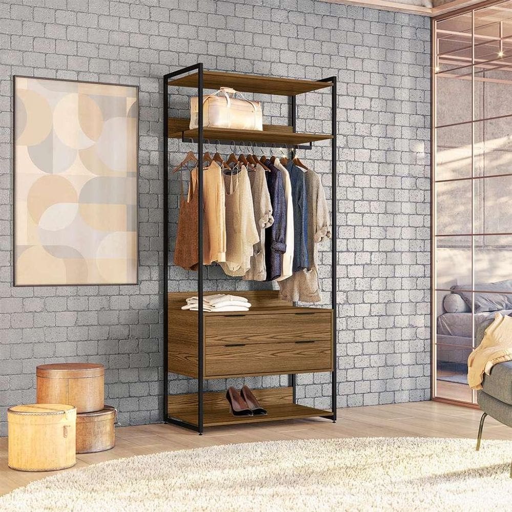 Guarda-Roupa Closet Industrial Mital com Cabideiro 2 GV Conhaque e Preto