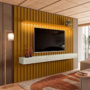 Painel Ripado com Rack Suspenso até 70 Polegadas Tulum com LED 1 PT 2 GV Cedro e Off White Alt 242 Larg 222 cm