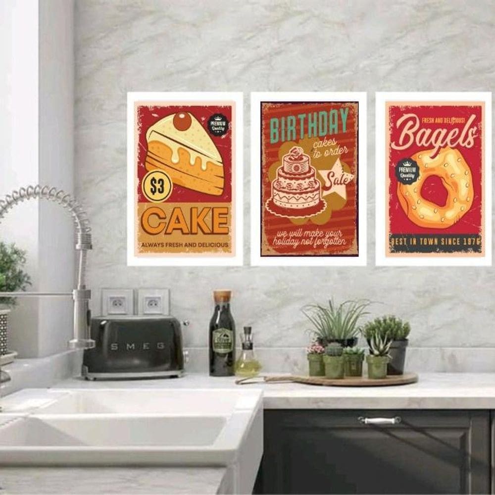 Kit 3 Quadros Cozinha - Doces 45X34Cm