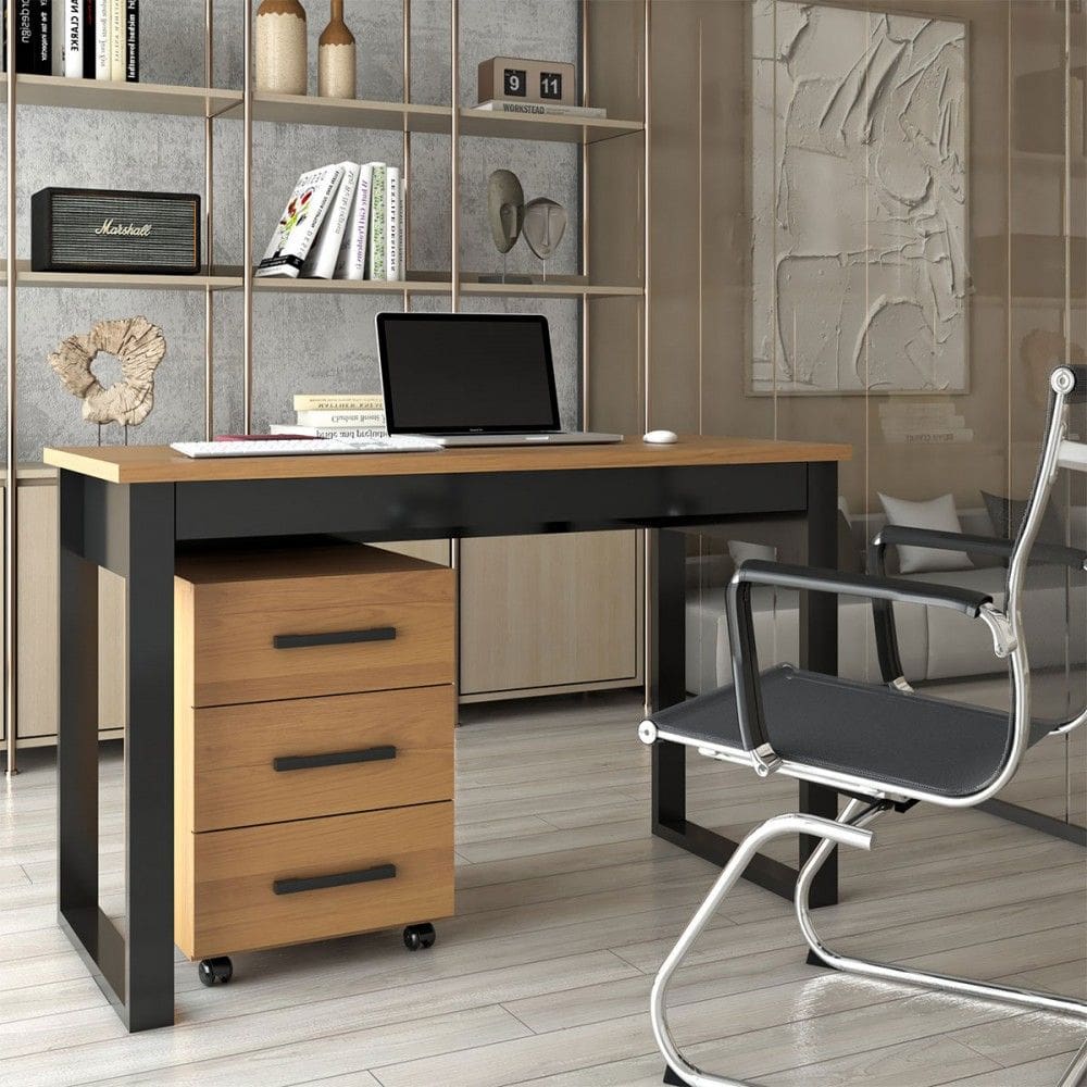 Conjunto Home Office Industrial 100% Mdf Mesa e Gaveteiro Freijó/Preto - Panorama Móveis