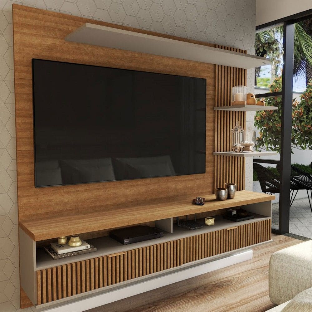 Painel para TV Até 65 Polegadas Ripado 2 Portas Amêndoa/Titânio- Panorama Móveis