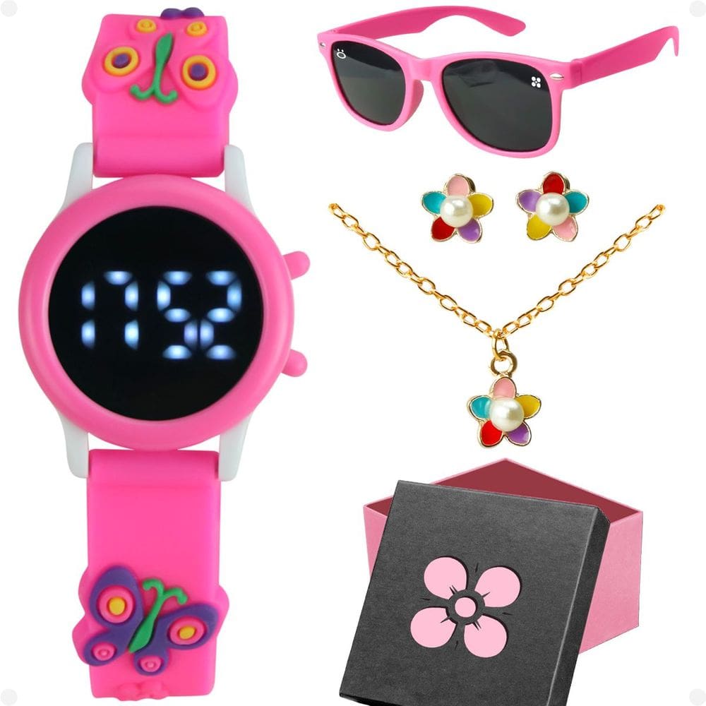 Relógio Digital Infantil Rosa Menina + Brinco + Colar Brinco Rosa Criança Pulseira ajustável Caixa