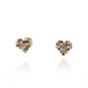 Brinco Coração Com Zircônias Coloridas Banhado Em Ouro 18k