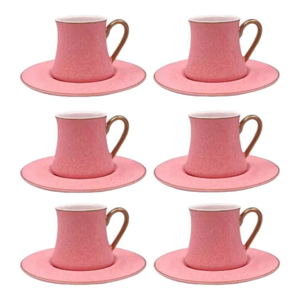 Cj 6 Xícaras P/Café C/Pires de Porcelana Rosa C/Aça Dourada  Galet 80ml L`Hermitage