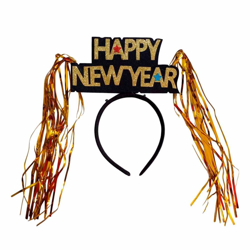 Tiara de Reveillon Happy New Year Feliz Ano Novo com Franjinha Metalizada Acessório Comemoração Festa Fim de Ano
