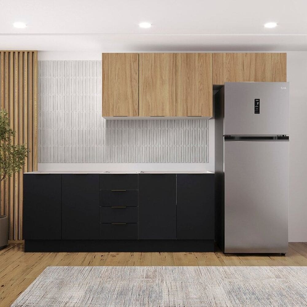 Cozinha Modulada 4 Peças sem Tampo com Rodapé 2 Aéreos e 2 Balcões Ipanema Cabecasa Madeiramadeira Grafite Trama/Acácia